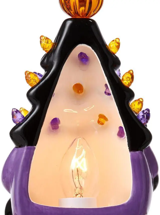 Alt view image 4 of 6 - Casafield Ceramic Halloween Gnome Night Light - Black Tree Gnome Plug-in Vintage Halloween Decorative Night Light with 15 Bulbs and Star Topper