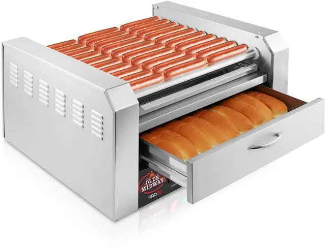 Alt view image 3 of 6 - Olde Midway Electric 30 Hot Dog 11 Roller Grill Cooker Machine with Bun Warming Drawer - Commercial Grade, Stainless Steel