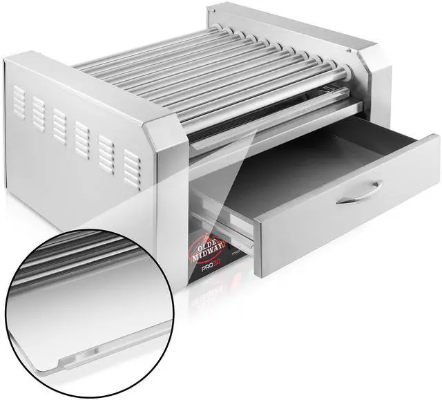 Alt view image 4 of 6 - Olde Midway Electric 30 Hot Dog 11 Roller Grill Cooker Machine with Bun Warming Drawer - Commercial Grade, Stainless Steel