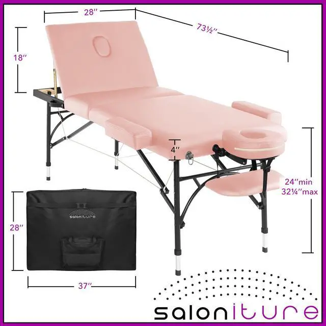 Alt view image 4 of 6 - Saloniture Professional Portable Lightweight Tri-Fold Massage Table with Aluminum Legs - Includes Headrest, Face Cradle, Armrests and Carrying Case, Pink