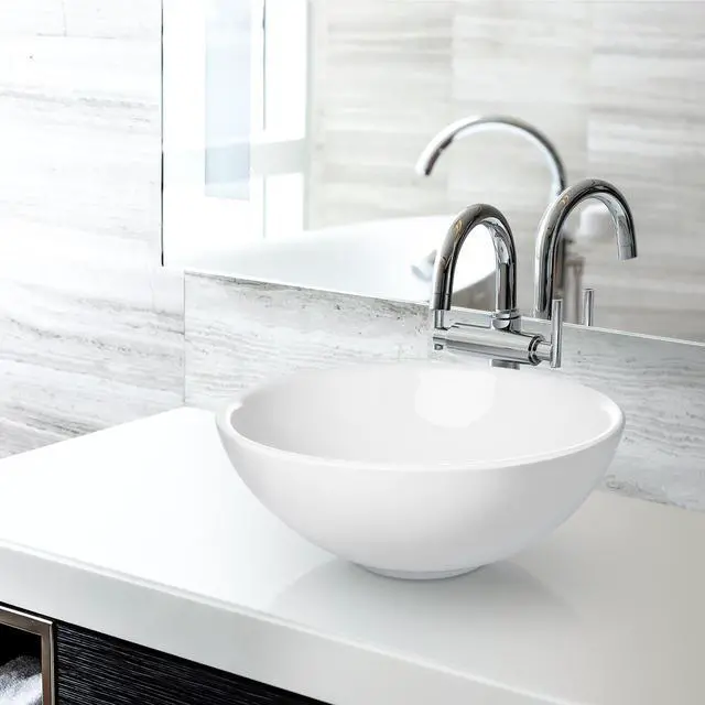 Alt view image 2 of 6 - Miligoré 16" Round White Ceramic Vessel Sink - Modern Above Counter Bathroom Vanity Bowl