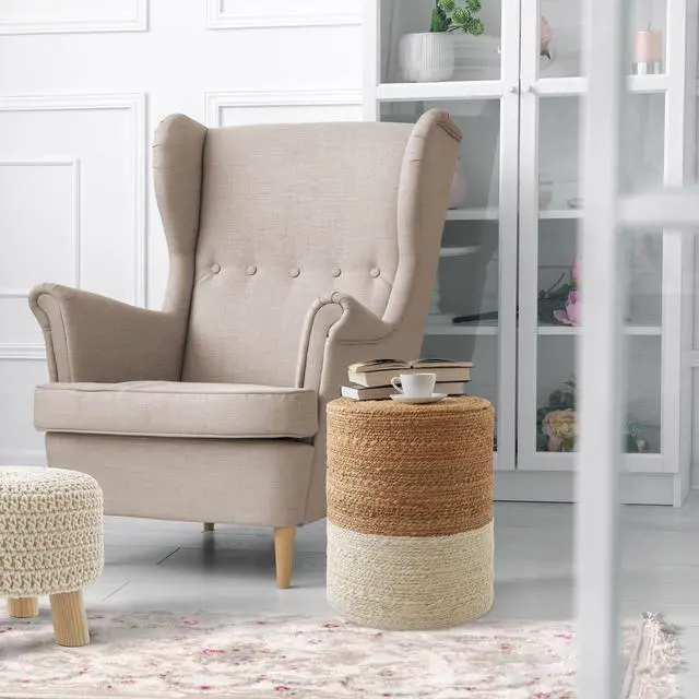 Alt view image 2 of 6 - Handcrafted Braided Jute Pouf Ottoman, 14" Round x 16" High Footrest, Natural Boho Home Decor, Woven Accent Footstool for Living Room or Bedroom