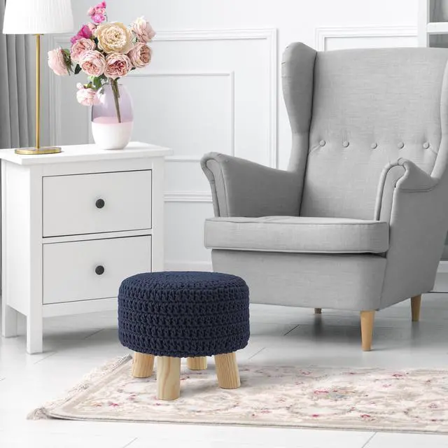 Alt view image 2 of 6 - Pouf Ottoman Footstool, 13" Round x 11" High, Hand-Knitted Cotton Footrest, Non-Skid Wood Legs, Boho Foot Stool for Living Room, Bedroom (Navy Blue)