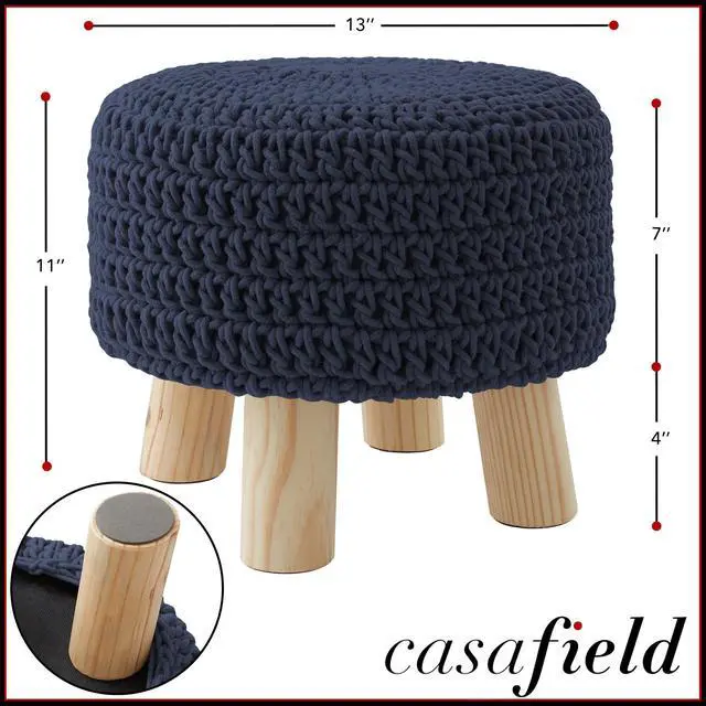 Alt view image 3 of 6 - Pouf Ottoman Footstool, 13" Round x 11" High, Hand-Knitted Cotton Footrest, Non-Skid Wood Legs, Boho Foot Stool for Living Room, Bedroom (Navy Blue)