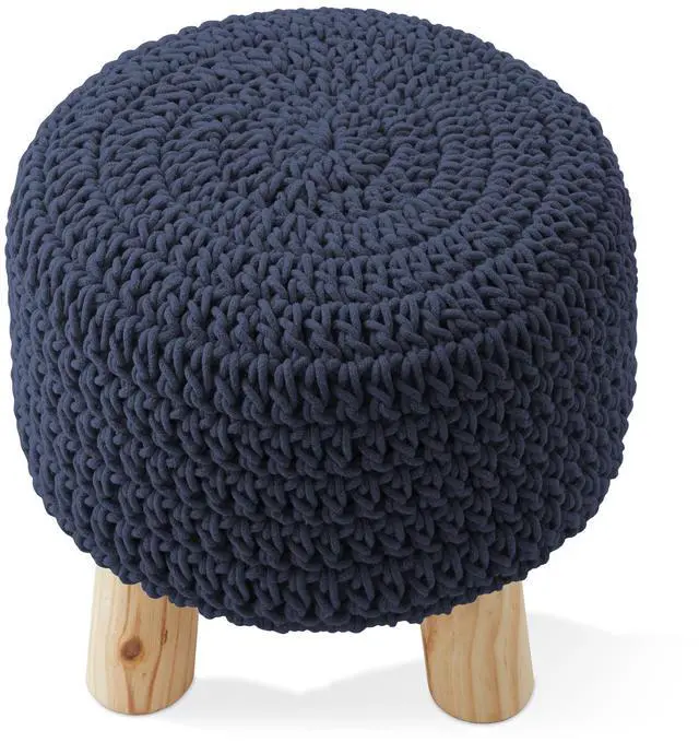 Alt view image 4 of 6 - Pouf Ottoman Footstool, 13" Round x 11" High, Hand-Knitted Cotton Footrest, Non-Skid Wood Legs, Boho Foot Stool for Living Room, Bedroom (Navy Blue)