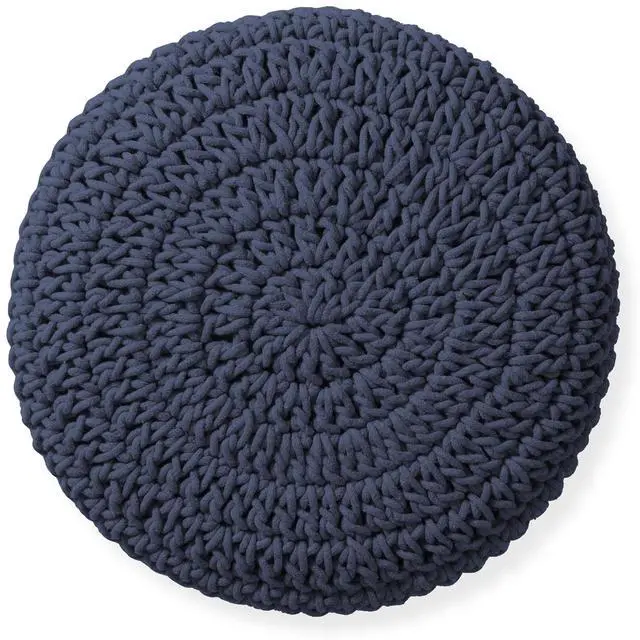 Alt view image 5 of 6 - Pouf Ottoman Footstool, 13" Round x 11" High, Hand-Knitted Cotton Footrest, Non-Skid Wood Legs, Boho Foot Stool for Living Room, Bedroom (Navy Blue)