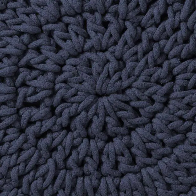 Alt view image 6 of 6 - Pouf Ottoman Footstool, 13" Round x 11" High, Hand-Knitted Cotton Footrest, Non-Skid Wood Legs, Boho Foot Stool for Living Room, Bedroom (Navy Blue)