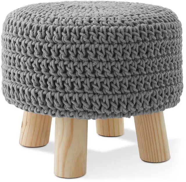 Main image of Pouf Ottoman Footstool, 13" Round x 11" High, Hand-Knitted Cotton Footrest, Non-Skid Wood Legs, Boho Foot Stool for Living Room, Bedroom (Light Gray)