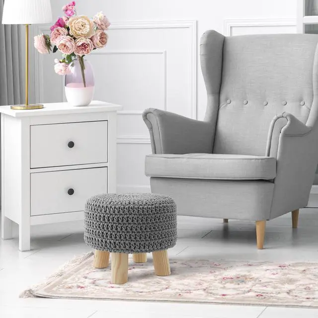 Alt view image 2 of 6 - Pouf Ottoman Footstool, 13" Round x 11" High, Hand-Knitted Cotton Footrest, Non-Skid Wood Legs, Boho Foot Stool for Living Room, Bedroom (Light Gray)