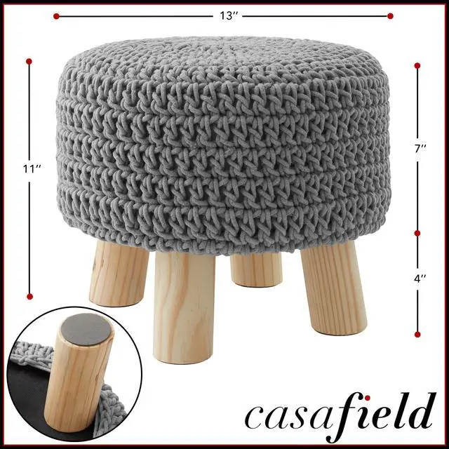 Alt view image 3 of 6 - Pouf Ottoman Footstool, 13" Round x 11" High, Hand-Knitted Cotton Footrest, Non-Skid Wood Legs, Boho Foot Stool for Living Room, Bedroom (Light Gray)