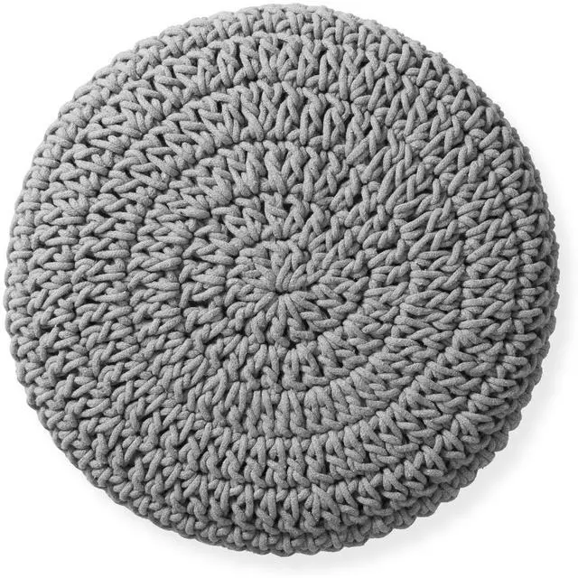 Alt view image 4 of 6 - Pouf Ottoman Footstool, 13" Round x 11" High, Hand-Knitted Cotton Footrest, Non-Skid Wood Legs, Boho Foot Stool for Living Room, Bedroom (Light Gray)
