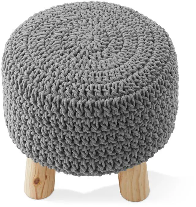 Alt view image 5 of 6 - Pouf Ottoman Footstool, 13" Round x 11" High, Hand-Knitted Cotton Footrest, Non-Skid Wood Legs, Boho Foot Stool for Living Room, Bedroom (Light Gray)