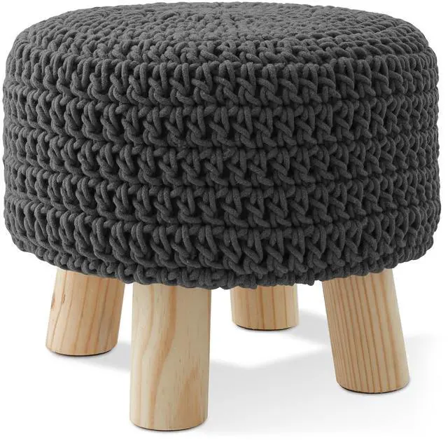 Main image of Pouf Ottoman Footstool, 13" Round x 11" High, Hand-Knitted Cotton Footrest, Non-Skid Wood Legs, Boho Foot Stool for Living Room, Bedroom (Gray)