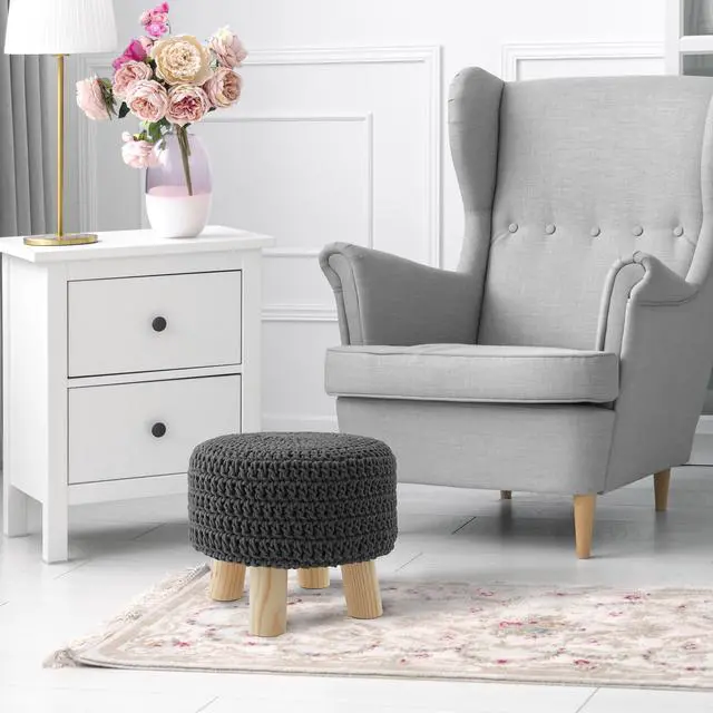 Alt view image 2 of 6 - Pouf Ottoman Footstool, 13" Round x 11" High, Hand-Knitted Cotton Footrest, Non-Skid Wood Legs, Boho Foot Stool for Living Room, Bedroom (Gray)