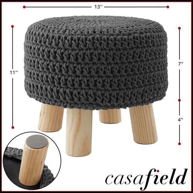 Alt view image 3 of 6 - Pouf Ottoman Footstool, 13" Round x 11" High, Hand-Knitted Cotton Footrest, Non-Skid Wood Legs, Boho Foot Stool for Living Room, Bedroom (Gray)