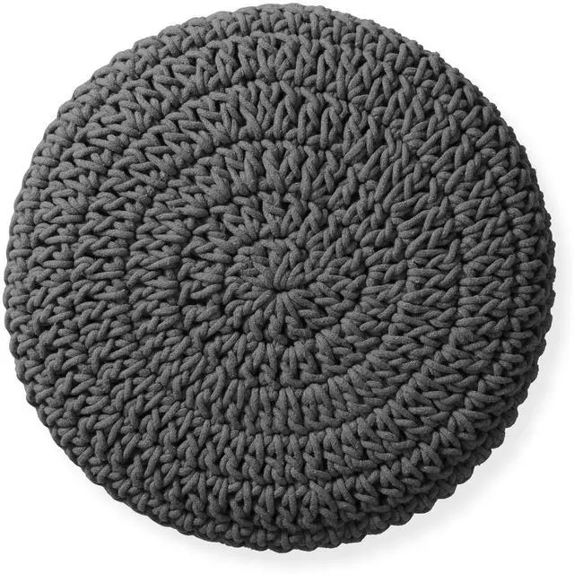 Alt view image 5 of 6 - Pouf Ottoman Footstool, 13" Round x 11" High, Hand-Knitted Cotton Footrest, Non-Skid Wood Legs, Boho Foot Stool for Living Room, Bedroom (Gray)