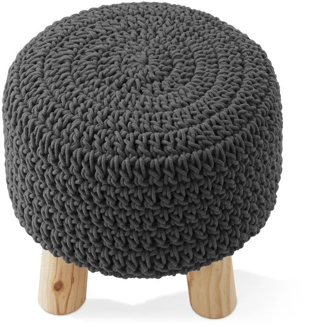 Alt view image 4 of 6 - Pouf Ottoman Footstool, 13" Round x 11" High, Hand-Knitted Cotton Footrest, Non-Skid Wood Legs, Boho Foot Stool for Living Room, Bedroom (Gray)
