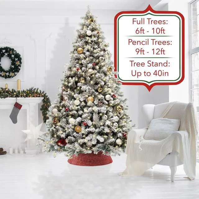 Alt view image 2 of 6 - Casafield 42-Inch Christmas Tree Collar, Woven Water Hyacinth Tree Base Cover with Cord Cut Out, Red