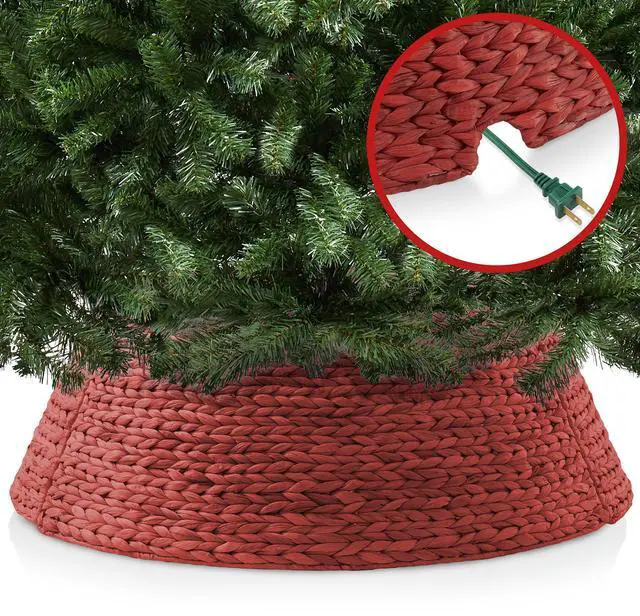 Alt view image 4 of 6 - Casafield 42-Inch Christmas Tree Collar, Woven Water Hyacinth Tree Base Cover with Cord Cut Out, Red