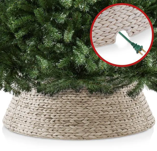 Alt view image 4 of 6 - Casafield 42-Inch Christmas Tree Collar, Woven Water Hyacinth Tree Base Cover with Cord Cut Out, Whitewash