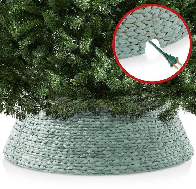 Alt view image 4 of 6 - Casafield 42-Inch Christmas Tree Collar, Woven Water Hyacinth Tree Base Cover with Cord Cut Out, Seafoam