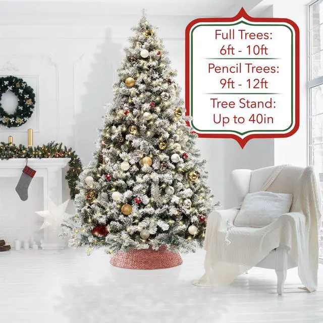 Alt view image 2 of 6 - Casafield 42-Inch Christmas Tree Collar, Woven Water Hyacinth Tree Base Cover with Cord Cut Out, Pink