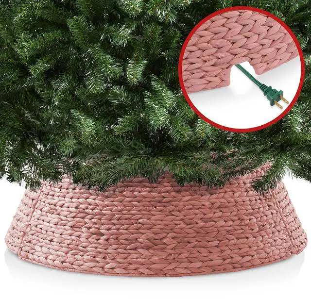 Alt view image 4 of 6 - Casafield 42-Inch Christmas Tree Collar, Woven Water Hyacinth Tree Base Cover with Cord Cut Out, Pink