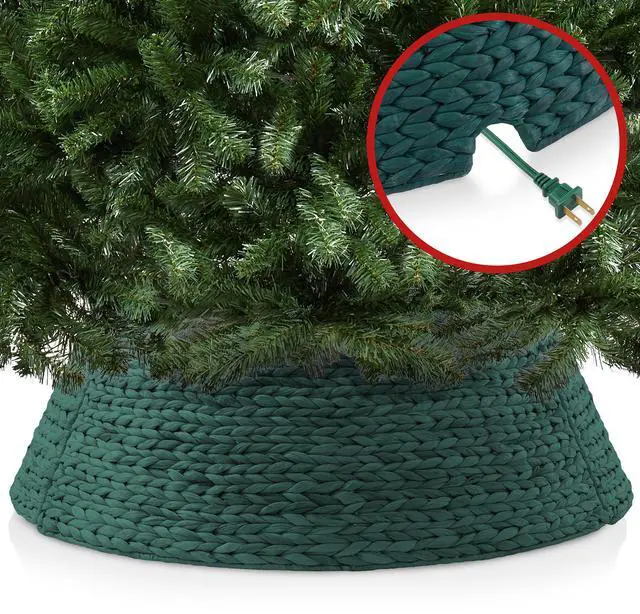 Alt view image 4 of 6 - Casafield 42-Inch Christmas Tree Collar, Woven Water Hyacinth Tree Base Cover with Cord Cut Out, Green