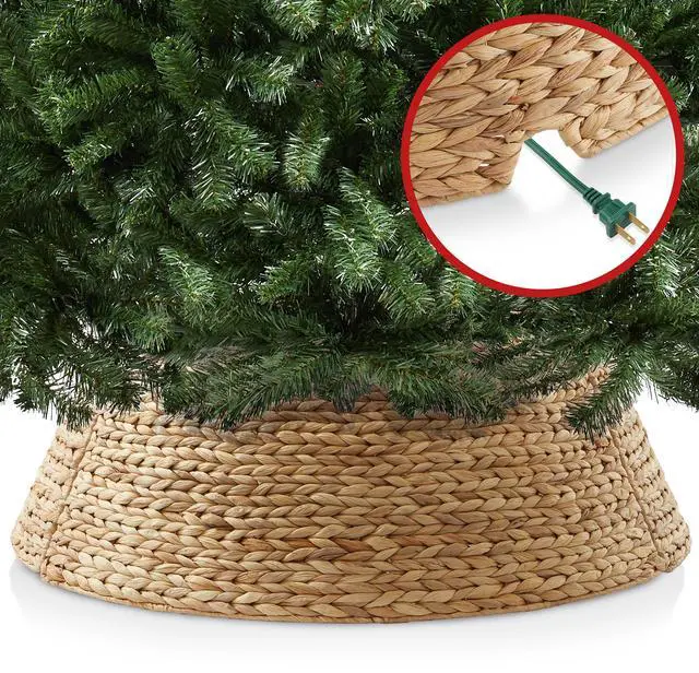 Alt view image 4 of 6 - Casafield 42-Inch Christmas Tree Collar, Woven Water Hyacinth Tree Base Cover with Cord Cut Out, Natural