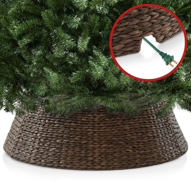 Alt view image 4 of 6 - Casafield 42-Inch Christmas Tree Collar, Woven Water Hyacinth Tree Base Cover with Cord Cut Out, Espresso