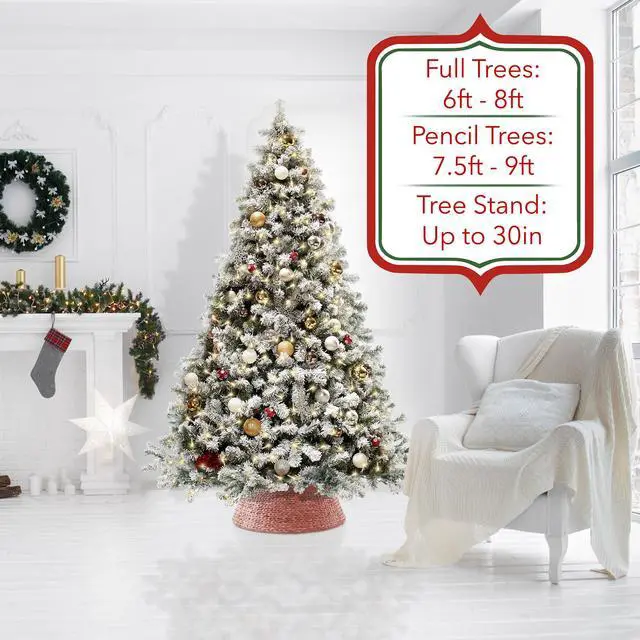 Alt view image 2 of 6 - Casafield 32-Inch Christmas Tree Collar, Woven Water Hyacinth Tree Base Cover with Cord Cut Out, Pink