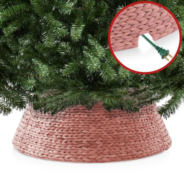 Alt view image 4 of 6 - Casafield 32-Inch Christmas Tree Collar, Woven Water Hyacinth Tree Base Cover with Cord Cut Out, Pink