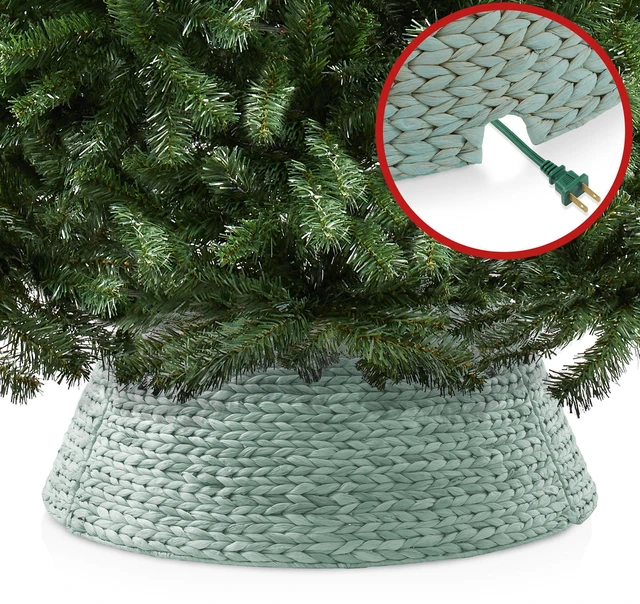 Alt view image 4 of 6 - Casafield 32-Inch Christmas Tree Collar, Woven Water Hyacinth Tree Base Cover with Cord Cut Out, Seafoam
