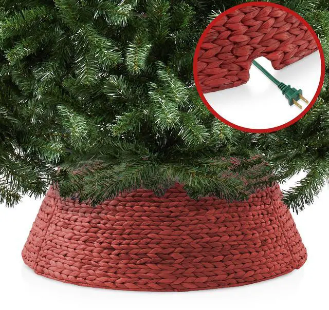 Alt view image 4 of 6 - Casafield 32-Inch Christmas Tree Collar, Woven Water Hyacinth Tree Base Cover with Cord Cut Out, Red