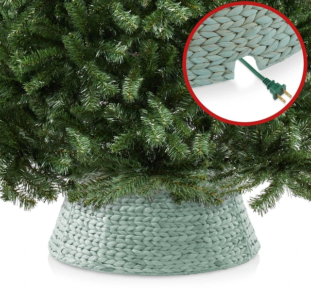 Alt view image 4 of 5 - Casafield 24-Inch Christmas Tree Collar, Woven Water Hyacinth Tree Base Cover with Cord Cut Out, Seafoam