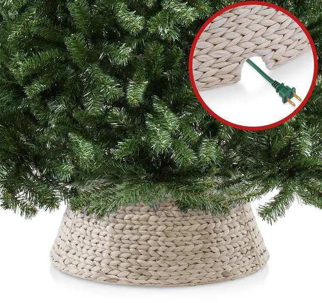 Alt view image 4 of 5 - Casafield 24-Inch Christmas Tree Collar, Woven Water Hyacinth Tree Base Cover with Cord Cut Out, Whitewash