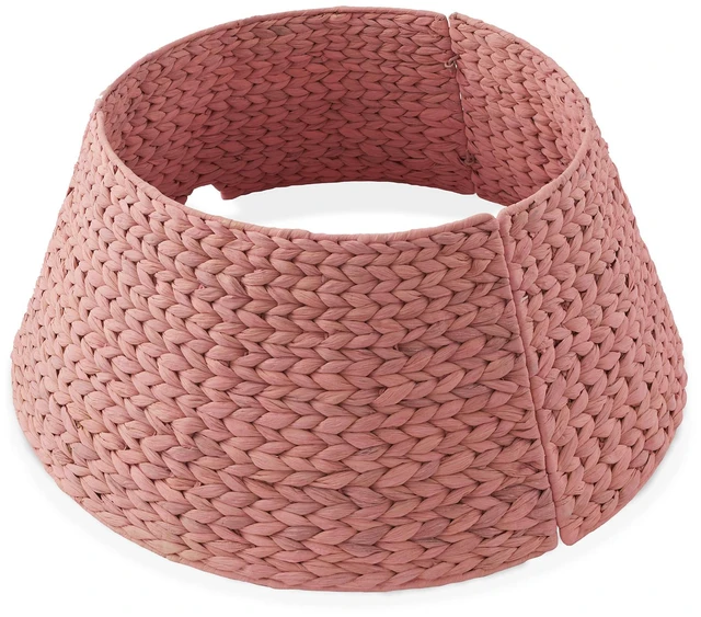 Main image of Casafield 24-Inch Christmas Tree Collar, Woven Water Hyacinth Tree Base Cover with Cord Cut Out, Pink