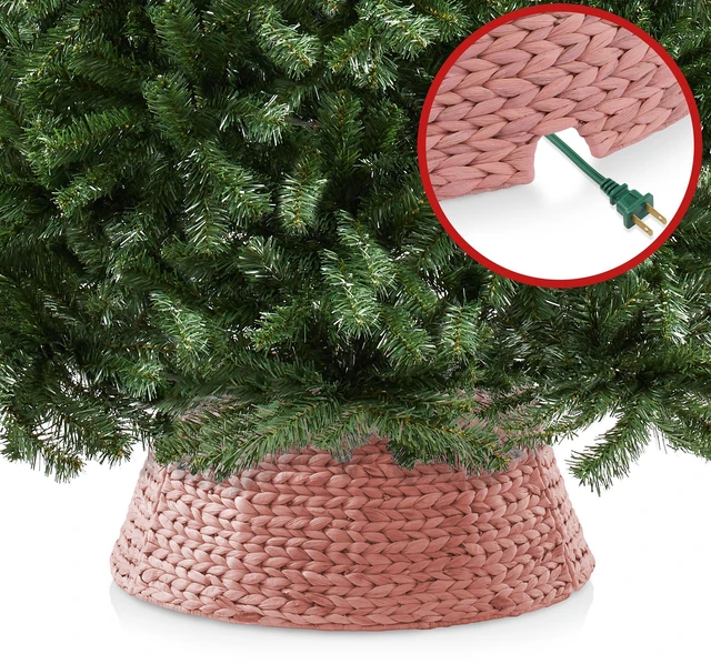 Alt view image 4 of 5 - Casafield 24-Inch Christmas Tree Collar, Woven Water Hyacinth Tree Base Cover with Cord Cut Out, Pink