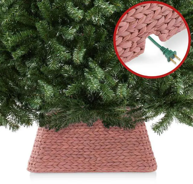 Alt view image 4 of 6 - Casafield 22-Inch Christmas Tree Collar, Water Hyacinth Woven Tree Square Base Cover with Cord Cut Out, Pink