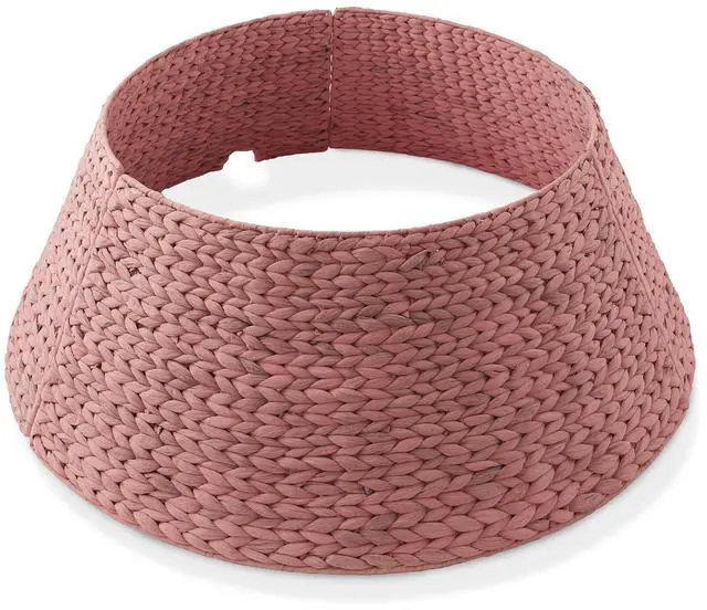 Main image of Casafield 32-Inch Christmas Tree Collar, Woven Water Hyacinth Tree Base Cover with Cord Cut Out, Pink