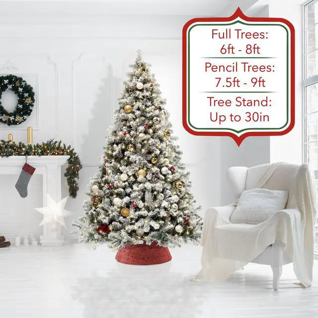 Alt view image 2 of 6 - Casafield 32-Inch Christmas Tree Collar, Woven Water Hyacinth Tree Base Cover with Cord Cut Out, Red
