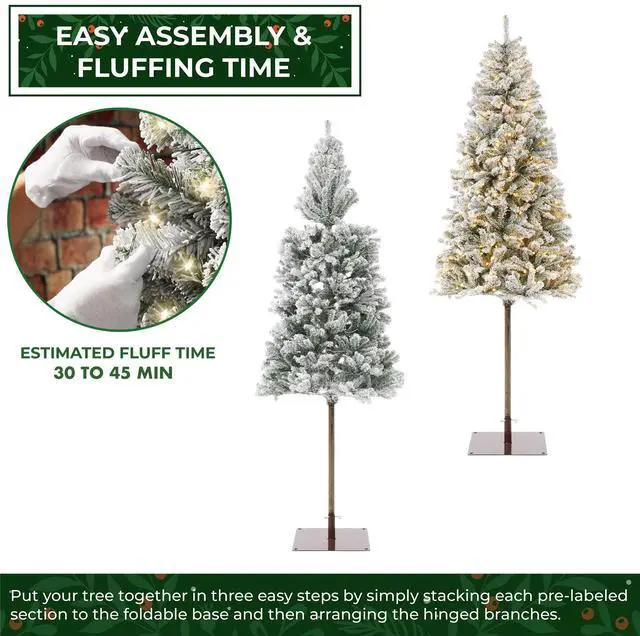 Alt view image 3 of 6 - Casafield 6.5FT Pre-Lit Pencil Snow-Flocked Alpine Fir, Slim Realistic Artificial Holiday Christmas Tree with Metal Stand