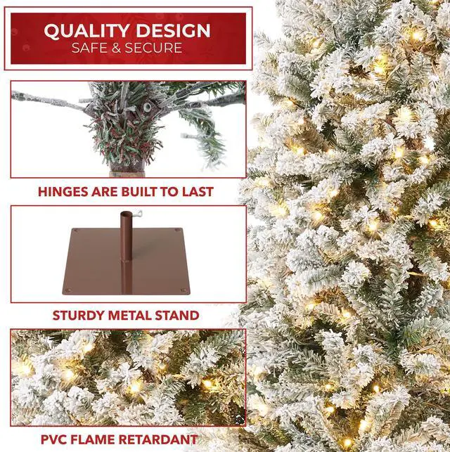 Alt view image 4 of 6 - Casafield 6.5FT Pre-Lit Pencil Snow-Flocked Alpine Fir, Slim Realistic Artificial Holiday Christmas Tree with Metal Stand