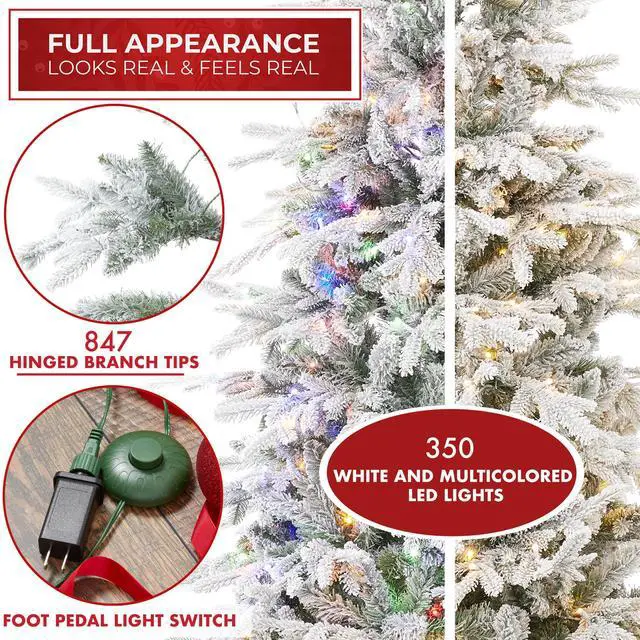 Alt view image 2 of 6 - Casafield 6.5FT Pre-Lit Snow Flocked Slim Aspen Fir Christmas Tree with White & Multicolored LED Lights, Realistic Artificial Noble Fir with Metal Stand