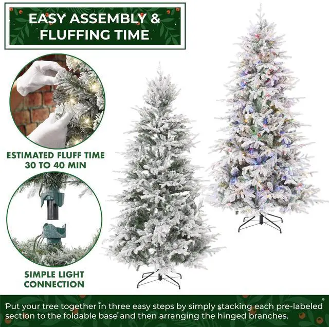 Alt view image 3 of 6 - Casafield 6.5FT Pre-Lit Snow Flocked Slim Aspen Fir Christmas Tree with White & Multicolored LED Lights, Realistic Artificial Noble Fir with Metal Stand