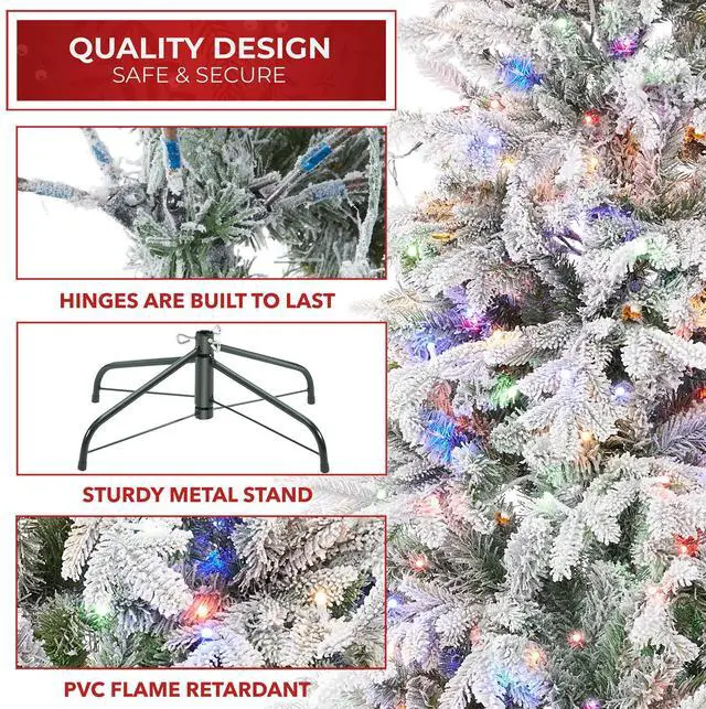Alt view image 4 of 6 - Casafield 6.5FT Pre-Lit Snow Flocked Slim Aspen Fir Christmas Tree with White & Multicolored LED Lights, Realistic Artificial Noble Fir with Metal Stand