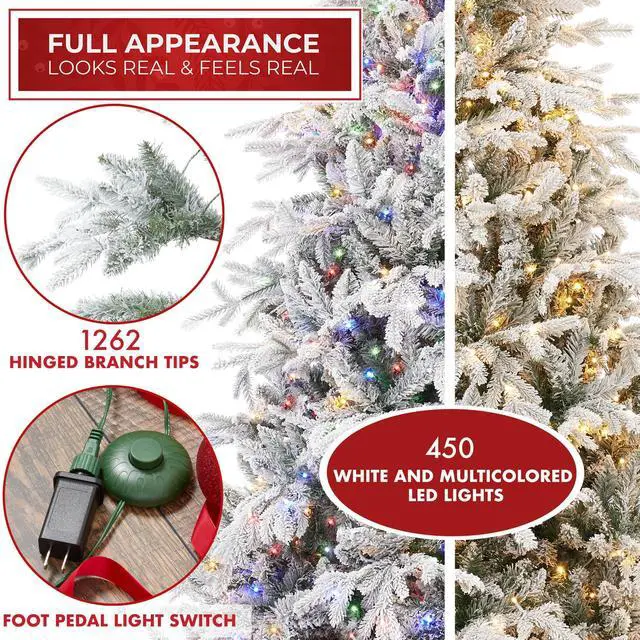 Alt view image 2 of 6 - Casafield 6.5FT Pre-Lit Snow Flocked Aspen Fir Christmas Tree with White & Multicolored LED Lights, Realistic Artificial Noble Fir with Sturdy Stand