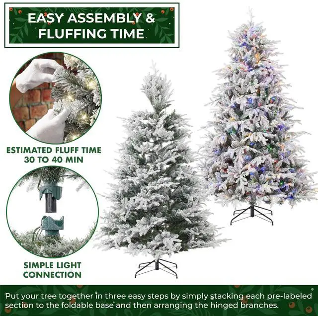Alt view image 3 of 6 - Casafield 6.5FT Pre-Lit Snow Flocked Aspen Fir Christmas Tree with White & Multicolored LED Lights, Realistic Artificial Noble Fir with Sturdy Stand