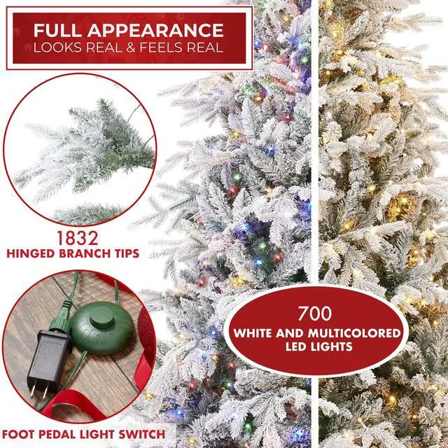 Alt view image 2 of 6 - Casafield 7.5FT Pre-Lit Snow Flocked Aspen Fir Christmas Tree with White & Multicolored LED Lights, Realistic Artificial Noble Fir with Sturdy Stand
