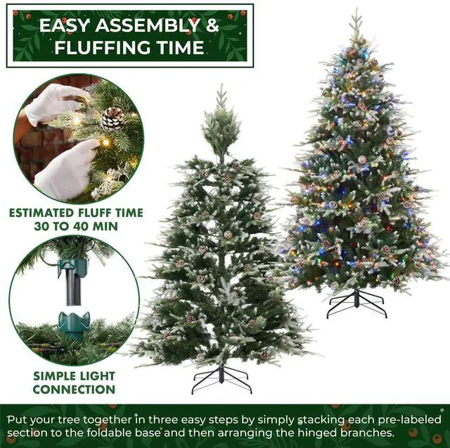 Alt view image 3 of 6 - Casafield 6.5FT Pre-Lit Frosted Aspen Noble Fir Christmas Tree with White & Multicolored LED Lights, Partially Flocked Realistic Artificial Tree with Sturdy Stand